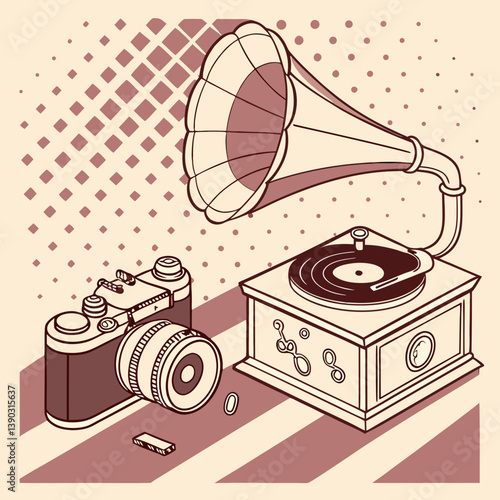 Vintage camera and gramophone illustration on background