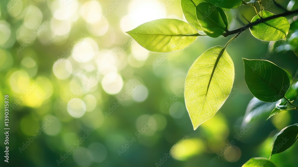 Close-up of a green leaf with blurred greenery and sunlight bokeh in the background, natural and fresh atmosphere Close-up of a green leaf with blurred greenery and sunlight bokeh in the background, natural and fresh atmosphere