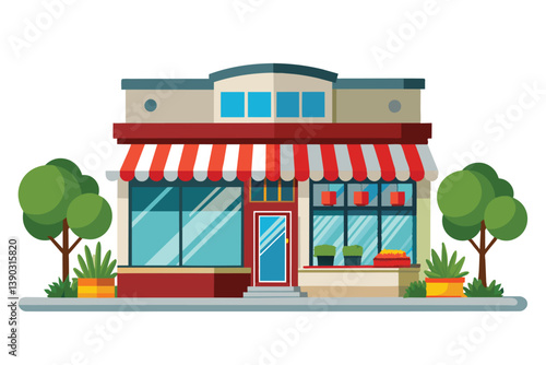 A storefront with a red and white striped awning and two large glass windows on either side of a door. There are potted plants outside and trees in the background.
