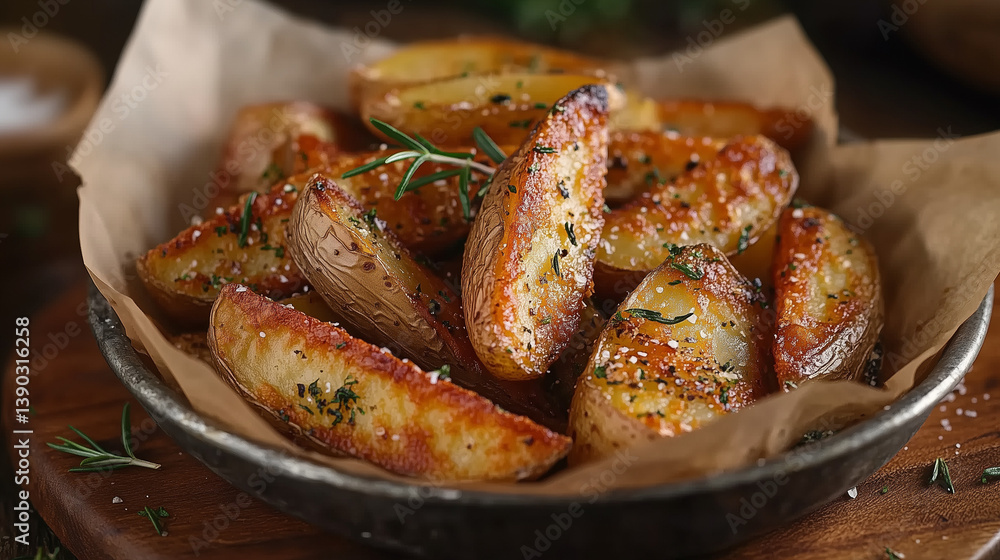 Golden Roasted Potato Wedges with Rosemary Sprinkles on a Rustic Plate Golden Roasted Potato Wedges with Rosemary Sprinkles on a Rustic Plate