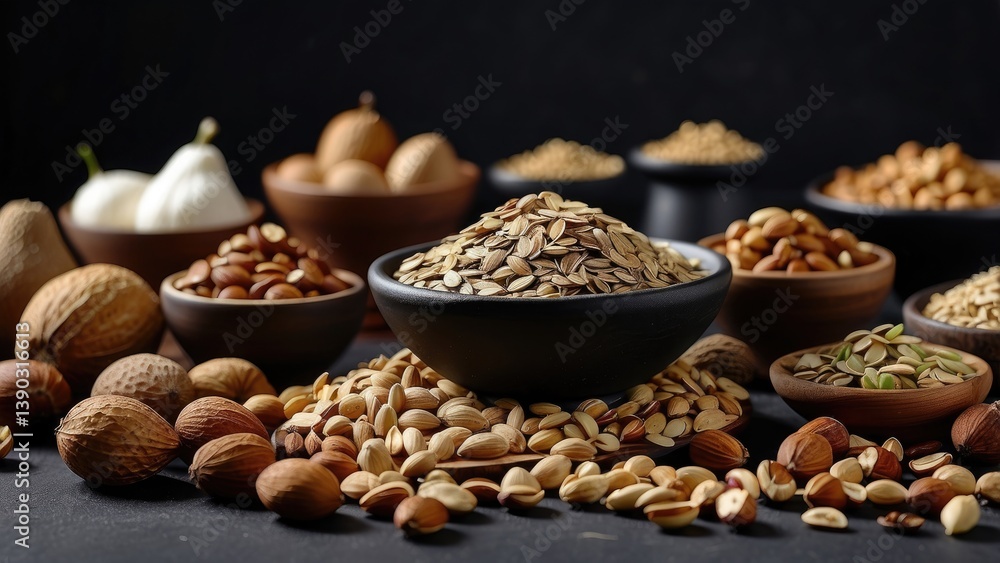 Fototapeta premium A variety of healthy foods arranged on a dark textured surface.