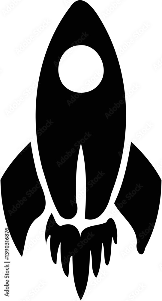 Rocket Silhouette with Flaming Thrusters - Vector Illustration Rocket Silhouette with Flaming Thrusters - Vector Illustration