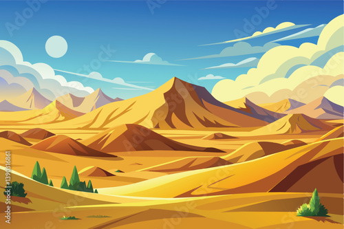 A vibrant illustration depicting a desert landscape with rolling sand dunes and mountains under a clear blue sky with puffy clouds.