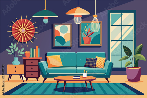 A colorful illustration depicting a modern living room with a teal sofa, geometric patterns, and a large window.