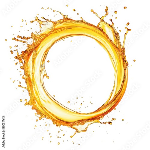 Golden liquid splash circle on white background, dynamic apple juice or oil swirl with droplets, amber honey water crown frame