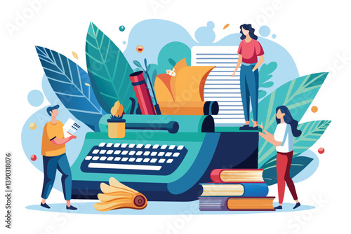 Three people are working together on writing a document using a vintage typewriter and books for inspiration.