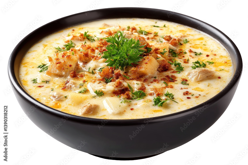 Creamy chicken soup with croutons and parsley in a black bowl Creamy chicken soup with croutons and parsley in a black bowl