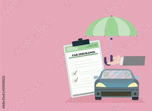 Blu car with insurance policy on clipboard. Insurance for road accident, breakdown or auto crash. Law legal preparedness transport accident risk vector
