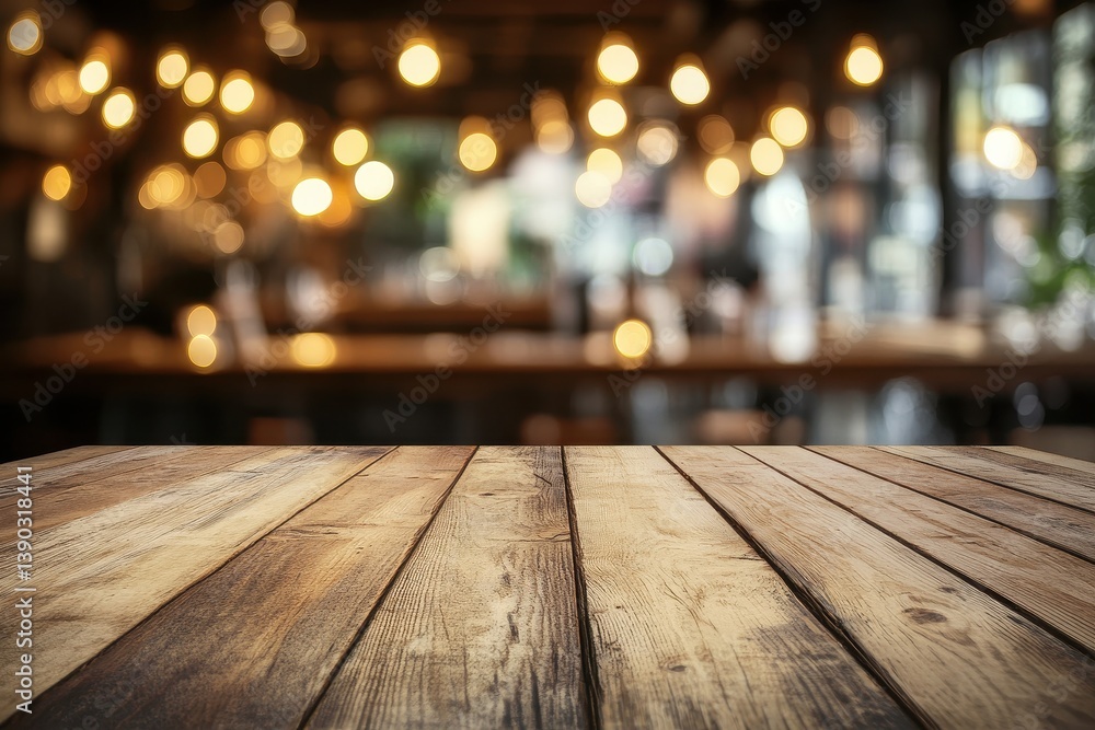 Background With Table. Wooden Table Top with Bokeh Lights on Blurred Restaurant Background Background With Table. Wooden Table Top with Bokeh Lights on Blurred Restaurant Background