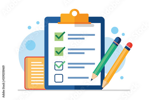 A simple illustration of a checklist with pencils and a notebook. The checklist has three checkboxes and a blank line for each item.