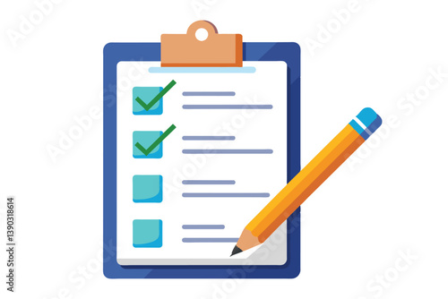 A clipboard with a checklist and a yellow pencil. Two of the checklist items are marked complete with green checkmarks.