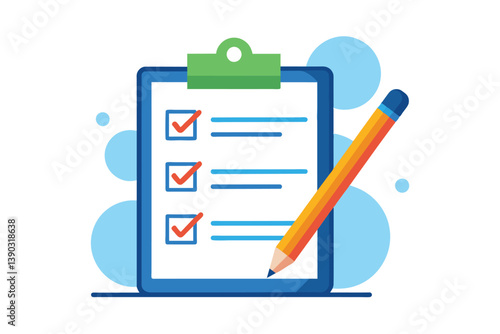 A cartoon illustration of a blue clipboard with a checklist and a yellow pencil.