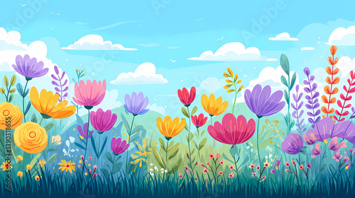 Spring Landscape with Blooming Flowers and Lush Grass