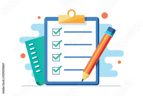 A brightly colored cartoon illustration of a completed checklist with a pencil and clipboard.