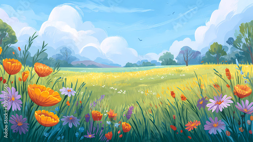 Spring Landscape with Blooming Flowers and Lush Grass