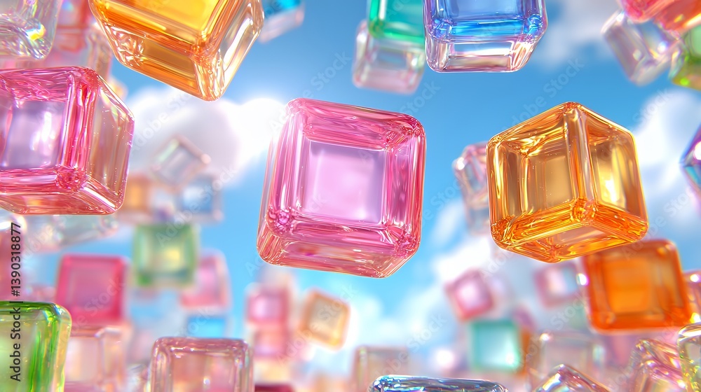 Colorful floating geometric cubes in sky Colorful floating geometric cubes in sky