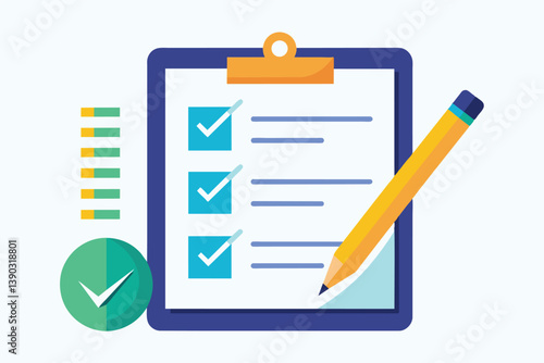 Colorful checklist illustration with yellow pencil and blue clipboard. Three green checkboxes with green check marks and five lines for writing items.