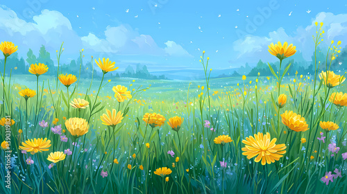 Spring Landscape with Blooming Flowers and Lush Grass
