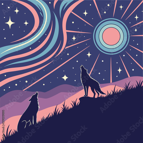 Two wolves howling at the moon under a starry night sky