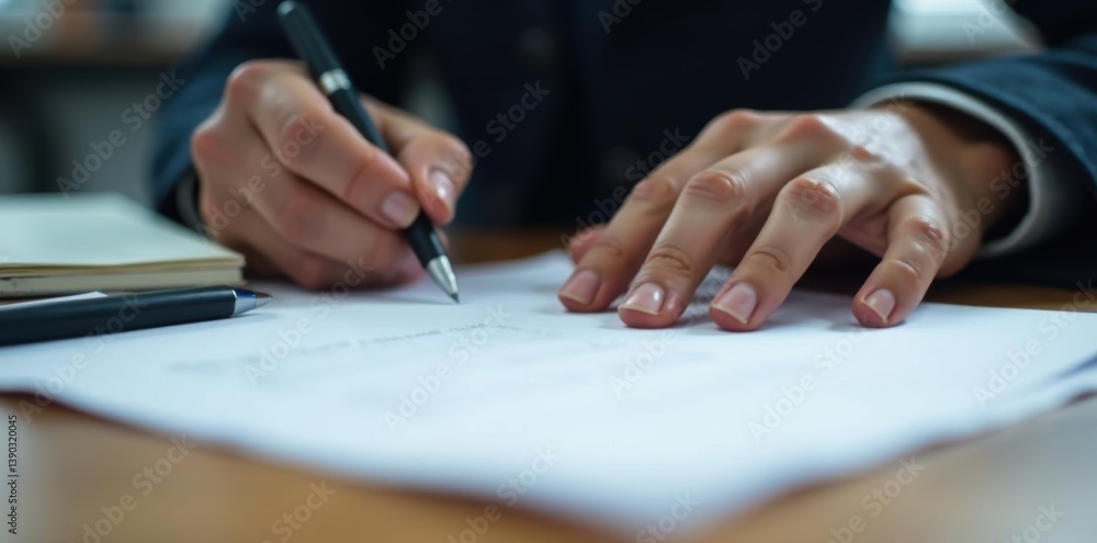 Close-up hand signing document, pen in motion, pen, signature, authority Close-up hand signing document, pen in motion, pen, signature, authority