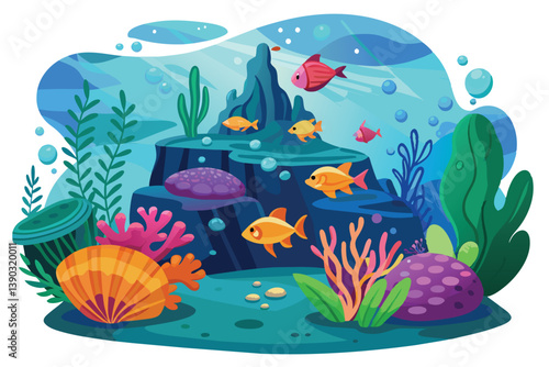 An illustration of a vibrant underwater scene with colorful fish swimming around coral reefs and seaweed.