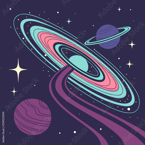 Illustration of planets stars and a cosmic phenomenon