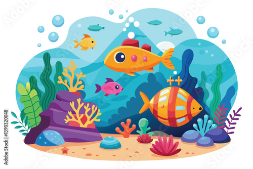 A colorful illustration of a vibrant underwater scene with various fish swimming among coral reefs and sea plants.