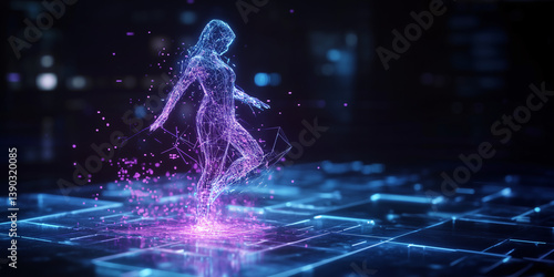Digital Dance: A futuristic visualization of a female figure gracefully moving in a digital realm, highlighting the fusion of technology and artistic expression. 
