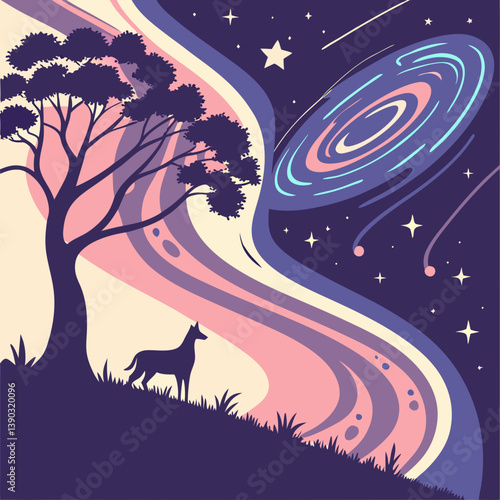 Silhouette of dog under tree watching galaxy at night