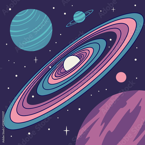 Illustration of planets and galaxy in a cosmic setting