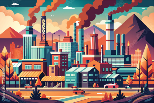 A vibrant, colorful illustration depicting an industrial city with smoke stacks, buildings, and cars. The sunset sky creates a beautiful contrast to the industrial setting.