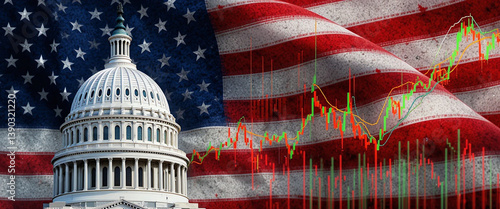 Wallpaper Mural US Capitol and American Flag with Stock Market Chart Symbolizing National Debt and Economic Challenges Generative AI Torontodigital.ca