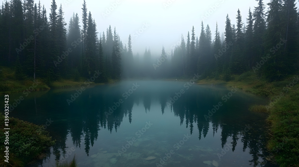 Tranquil lake reflecting evergreen forest on a misty morning, creating a serene and peaceful nature scene with cool, calming colors. Tranquil lake reflecting evergreen forest on a misty morning, creating a serene and peaceful nature scene with cool, calming colors.