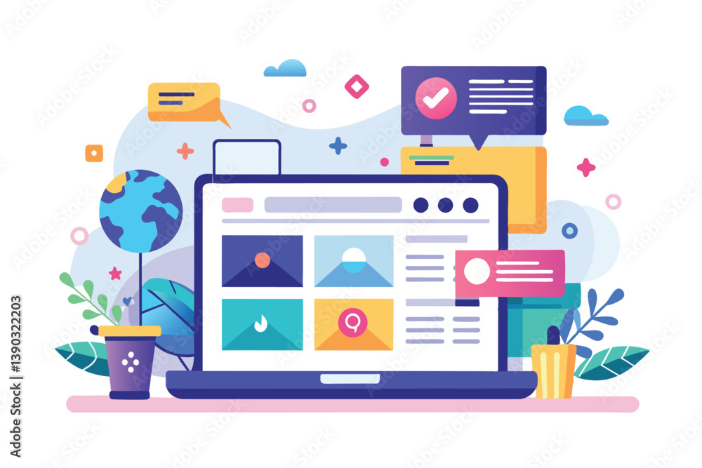 An illustration of a modern laptop with a colorful website interface, featuring various illustrations and icons. An illustration of a modern laptop with a colorful website interface, featuring various illustrations and icons.