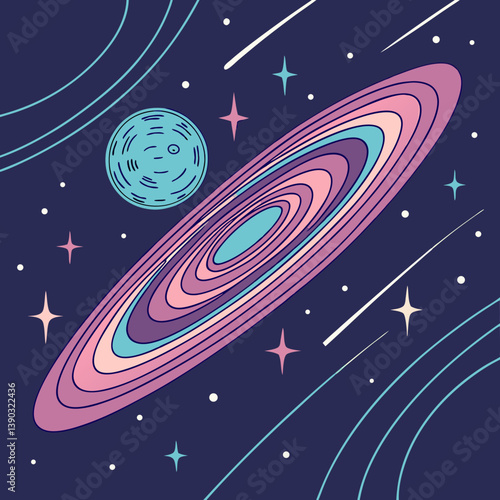 Illustration of a galaxy with stars and planet in space