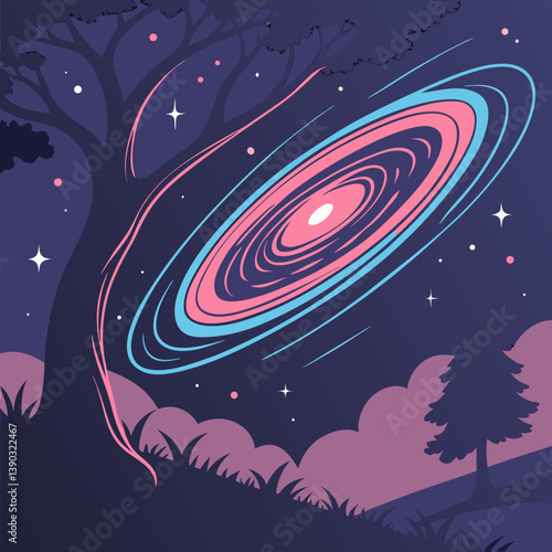 Stylized galaxy view with trees and stars in night scene