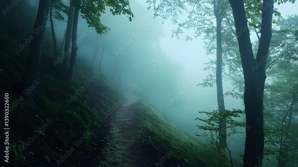 Obraz premium A misty path winds through a dense forest, shrouded in fog. The trees stand tall, creating an atmosphere of mystery and tranquility in nature's embrace.