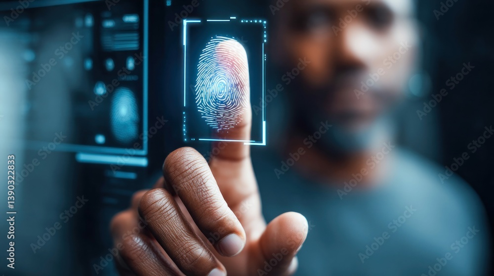 A person's fingerprint is scanned on a digital screen to verify identity for access.
