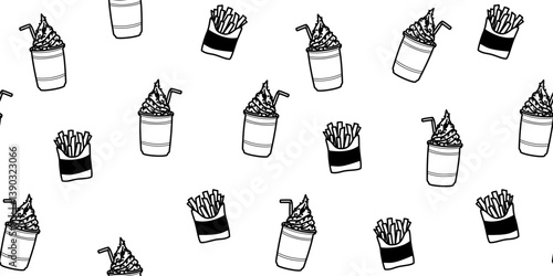seamless pattern of outline iced drink with frappe and french fries on white background.
