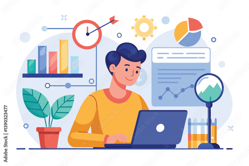 An illustration of a young man working on a laptop, surrounded by charts and graphs, symbolizing data analysis and business strategy. An illustration of a young man working on a laptop, surrounded by charts and graphs, symbolizing data analysis and business strategy.
