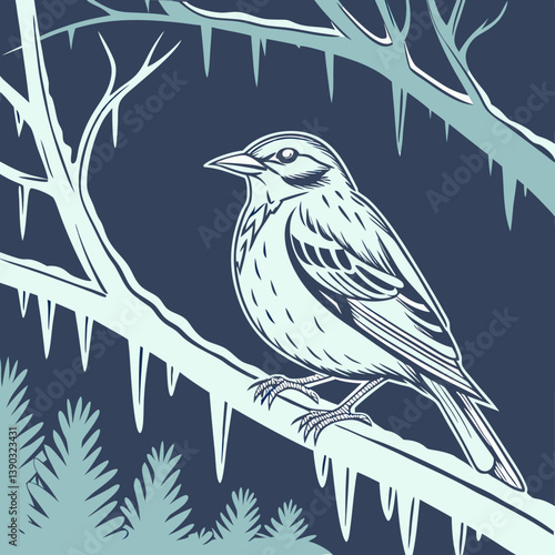 A bird perched on a branch with icicles in winter time