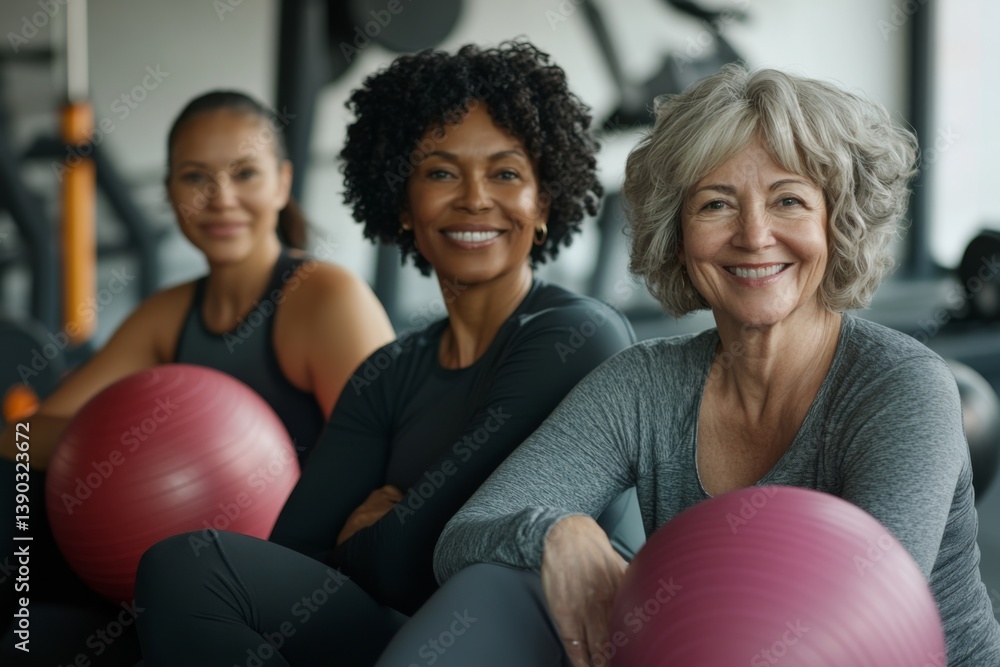 Smiling wide angle real portrait of a group of a real senior women in sports clothes in a gym Smiling wide angle real portrait of a group of a real senior women in sports clothes in a gym