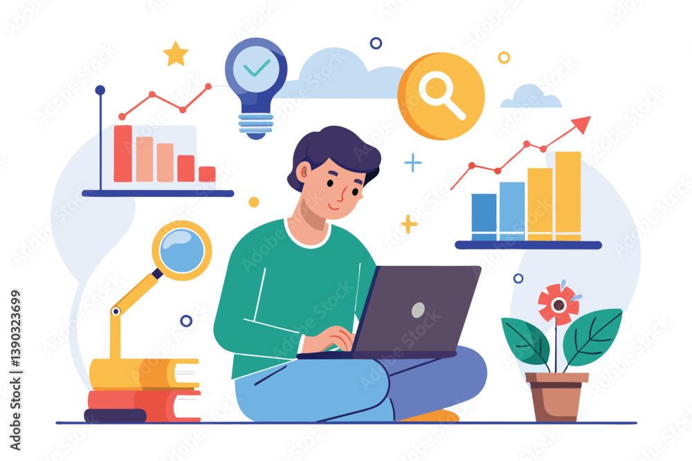 An illustration of a young man sitting on the floor with a laptop on his lap, surrounded by various data visualizations including charts, graphs, and magnifying glasses. An illustration of a young man sitting on the floor with a laptop on his lap, surrounded by various data visualizations including charts, graphs, and magnifying glasses.