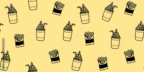 seamless pattern of outline iced drink with frappe and french fries on yellow background.