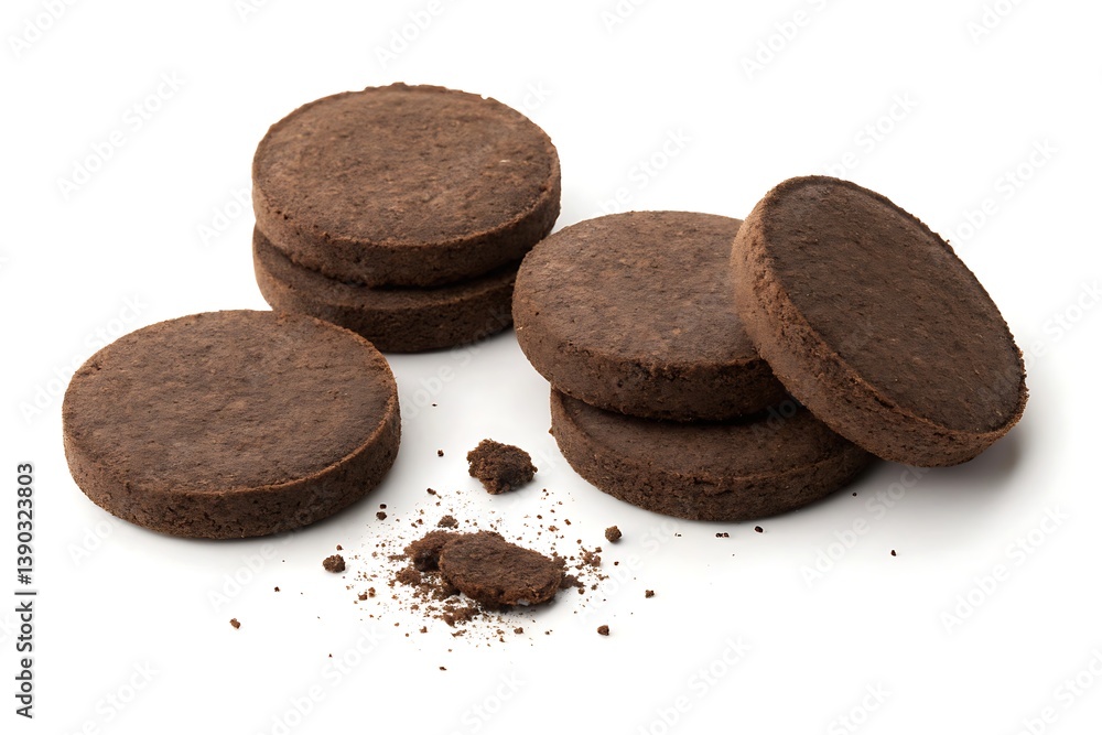 Chocolate cookies isolated on white background, round biscuit stack Chocolate cookies isolated on white background, round biscuit stack