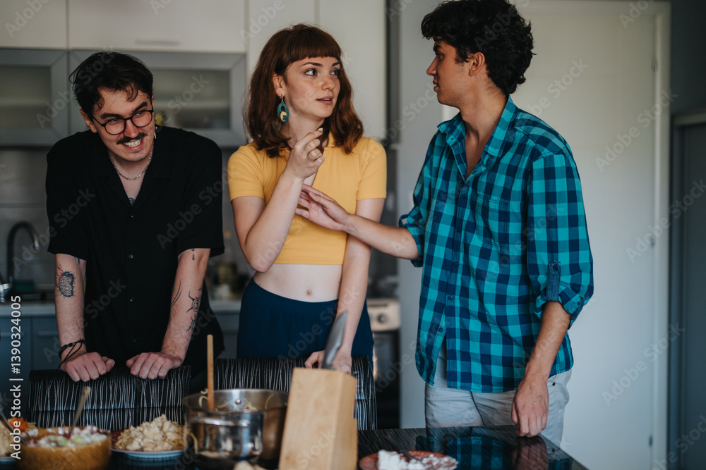 Three friends gather in a modern kitchen, enjoying casual conversation and laughter. The scene captures a friendly and relaxed atmosphere, highlighting camaraderie and togetherness.