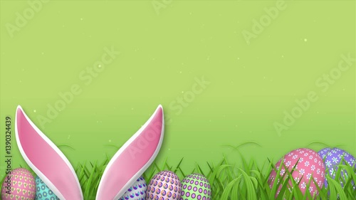 pink bunny ears, grass and decorated easter eggs on green blur background. beautiful nature easter theme illustration with copy space for easter blessings.