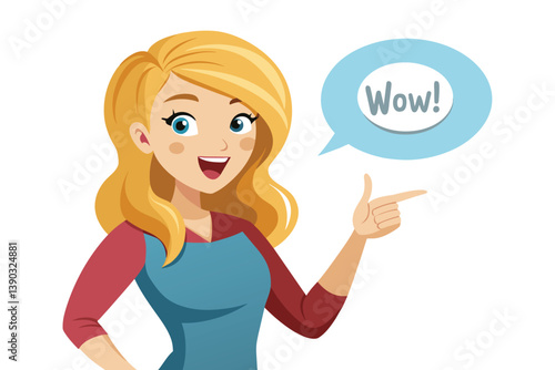 A cartoon illustration of a young woman with long blonde hair smiling and pointing to the right while saying Wow! in a speech bubble.