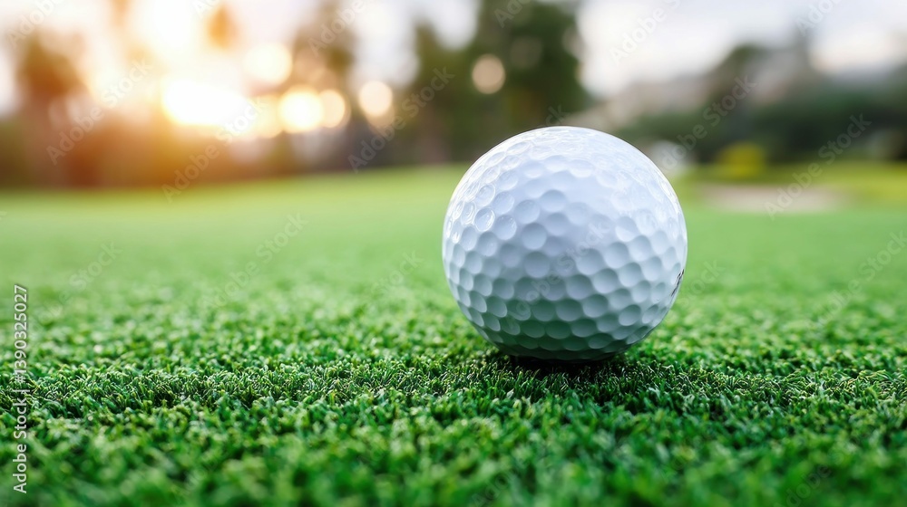 Obraz premium A white golf ball sits on a vibrant green field, ready to be played on a sunny day.