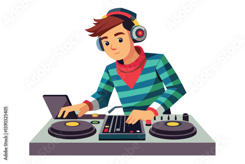 A cartoon illustration of a DJ with headphones mixing music on a turntable.